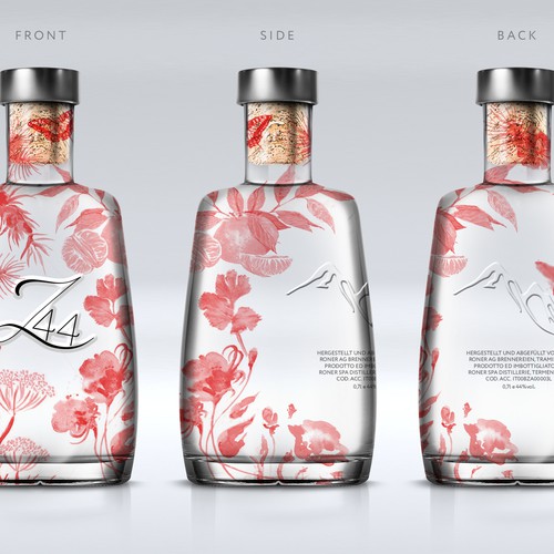 Gin Bottle & packaging design + merchandising Design by bcra