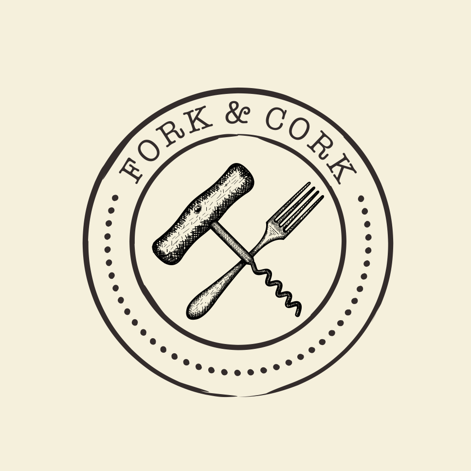 Rolling pin logo with the title 'Fork & Cork'