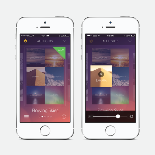 Create an cool, fluid, engaging lighting control app for OnSwitch Lighting Experiences. Design by Ed Stephens