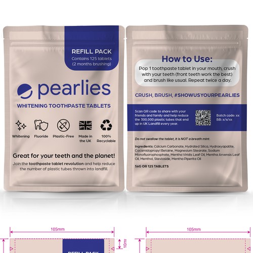 Design an attractive refill pack for a trendy new toothpaste tablet brand Design by nicolesaulsdesigns
