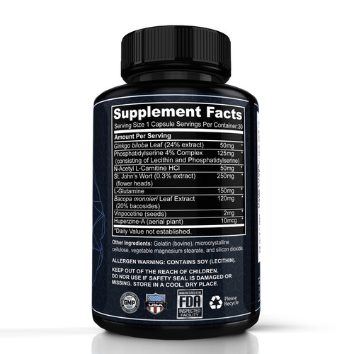 Design a  powerful modern label ( Brain Supplement)for a premium health supplement brand. Design by lantonx