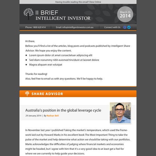 Create a weekly email newsletter template for Intelligent Investor Design by MaximaDesign