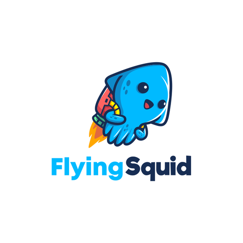 Logo of a squid wearing a jetpack for product named FlyingSquid Design by palugongso