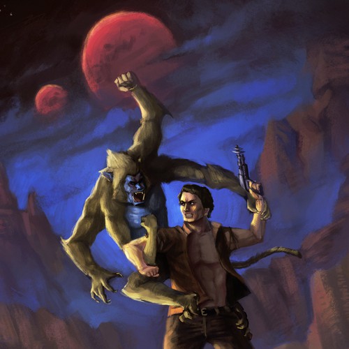 70's style science-fantasy custom art for book cover Design by Luxe