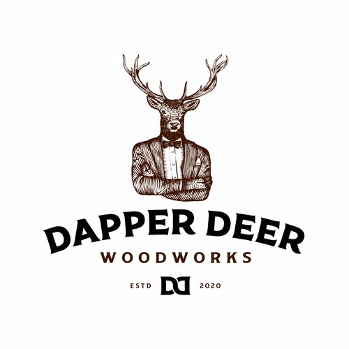 Vintage Dapper Deer logo for high-end woodworking. Design by Cristian-Popescu