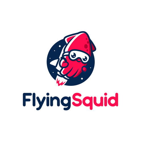 Logo of a squid wearing a jetpack for product named FlyingSquid Design by PatricioDesigns