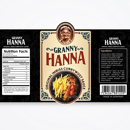 Finest hot curry sauce for german / berlin currywurst: Granny Hanna brings Yummi! Design réalisé par M.Siddique