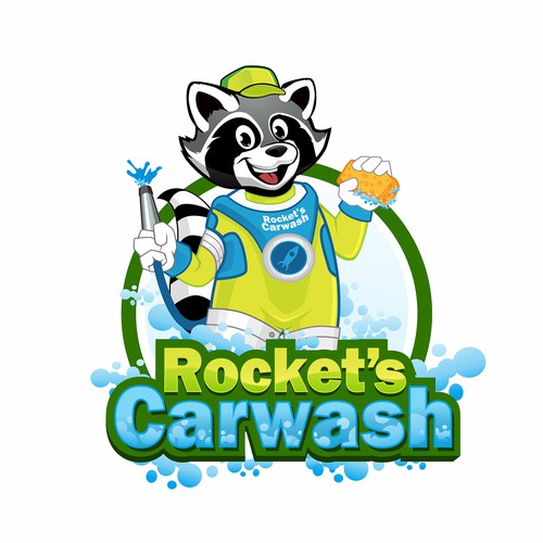 logo for business name: Rocket's Carwash (racoon cartoon) | Logo ...