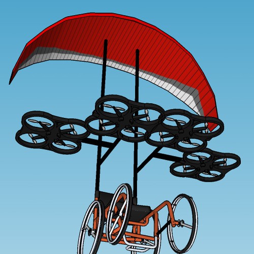 Make a printable 3d model of a paragliding wheelchair being pulled by quadcopters. Design by Ellington