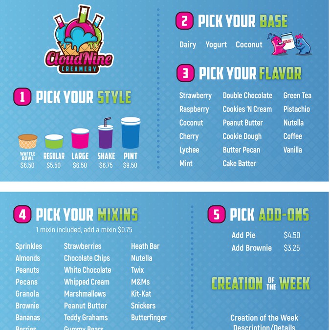 Cloud Nine Creamery Liquid Nitrogen Ice Cream Menu | Menu contest