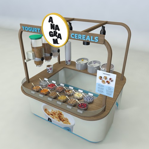 Design a 3D render for food serving kiosk Diseño de Malim