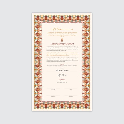 Design A Beautiful Islamic Marriage Agreement Document Template