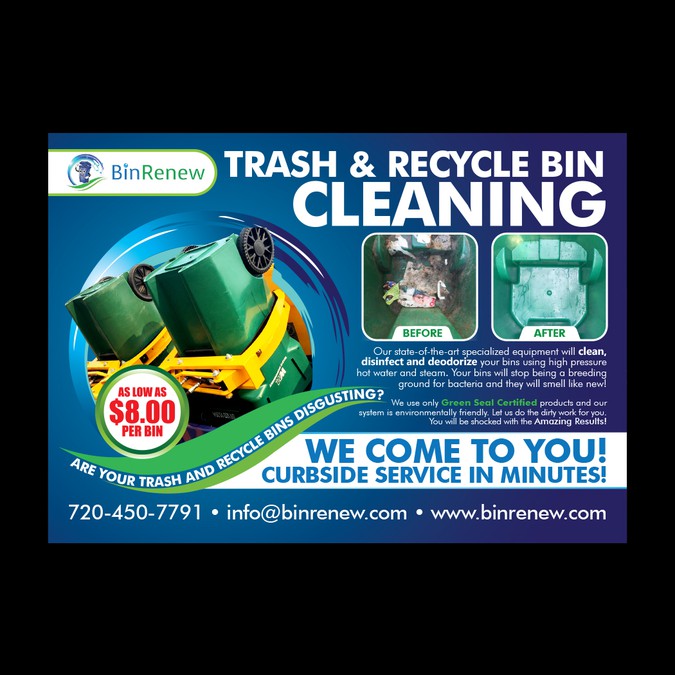 New trash bin sanitation business needs a "clean" looking postcard