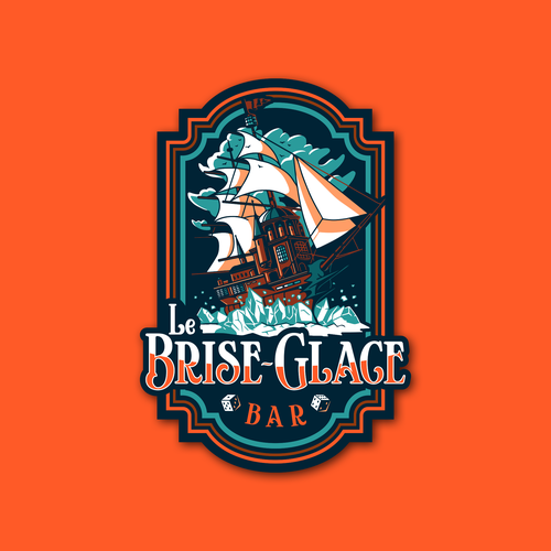 Board game bar logo with tavern design, inspired by vintage ice breaker boat atmosphere - official name is "Le Brise-gla Design réalisé par Ameline Studio