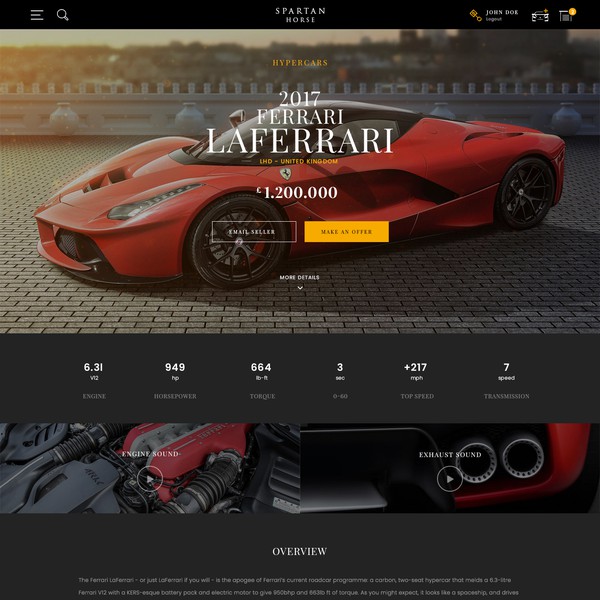 Design by novidraft titled "Dark themed car sales website car ad page."
