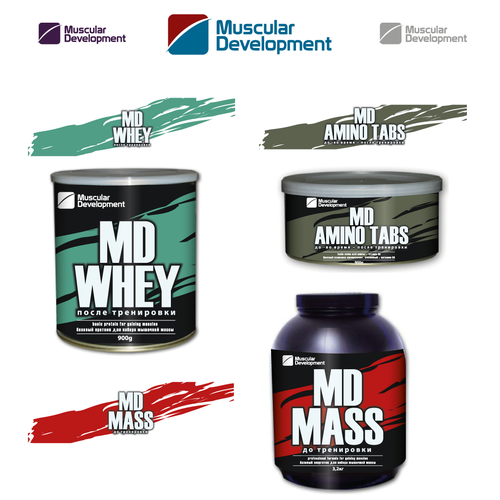 Product label for the MD brand. New ideas for Muscular Development
