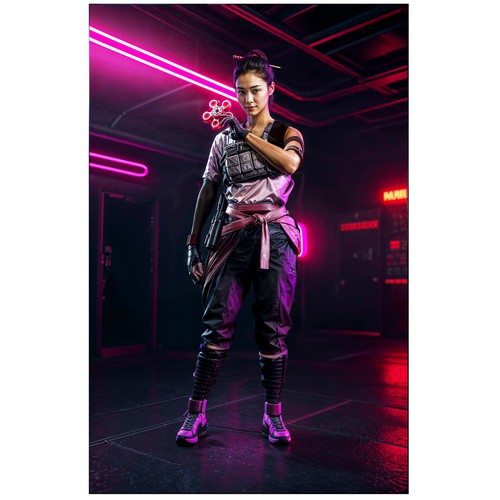 Illustration of a mysterious fearless powerful female video game character Design by Sign Relation