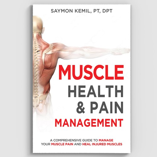 Book cover with a drawing images of the human anatomy combining muscles and bone structure. Design by Microart Creative