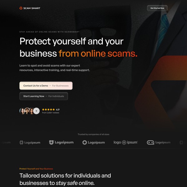 Landing page for a company that helps protect against online scams with education and training