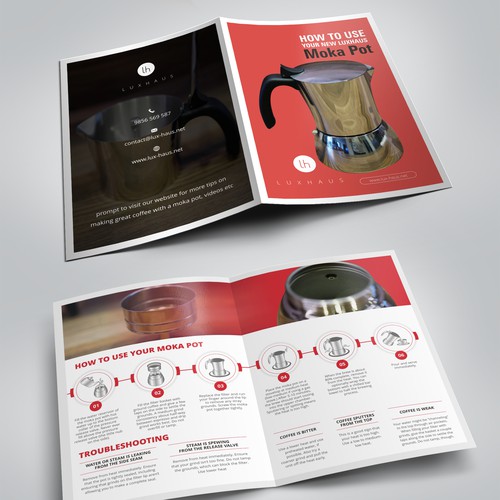 Design a moka pot instruction pamphlet for luxhaus