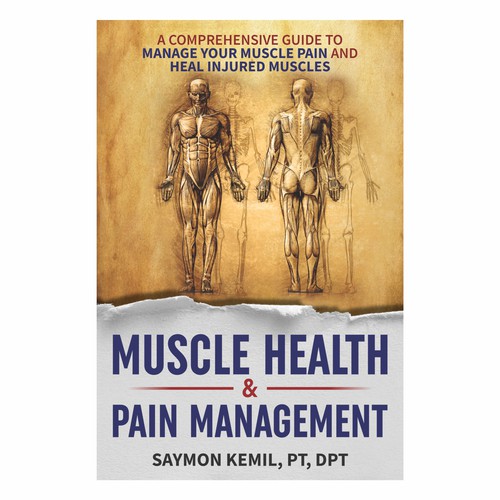 Book cover with a drawing images of the human anatomy combining muscles and bone structure. Design by kmohan