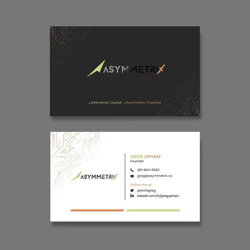 Design a cool, edgey but sophisticated business card for an alternative investment firm. Design von Saman Osama