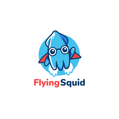 Logo of a squid wearing a jetpack for product named FlyingSquid Design by Halin