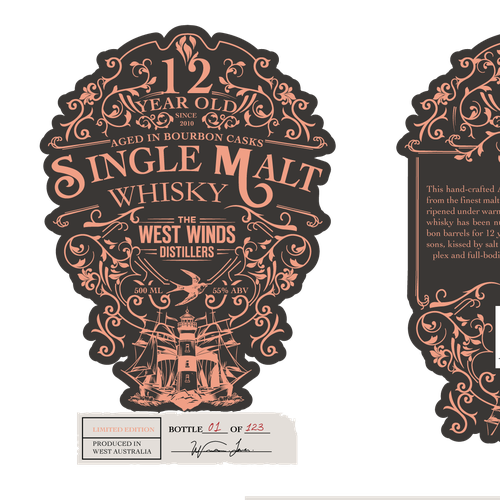 Premium Bottle Label for 12 Year Old Single Malt Bourbon Cask Whisky Design by Antidotooo™