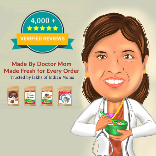 Design an attractive caricature of  "doctor mom, Dr Hema " for a healthy organic indian baby food br Design by mons.gld