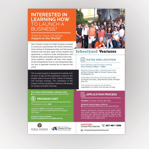 One page flyer for program that supports teen entrepreneurs Design by GD @rtist