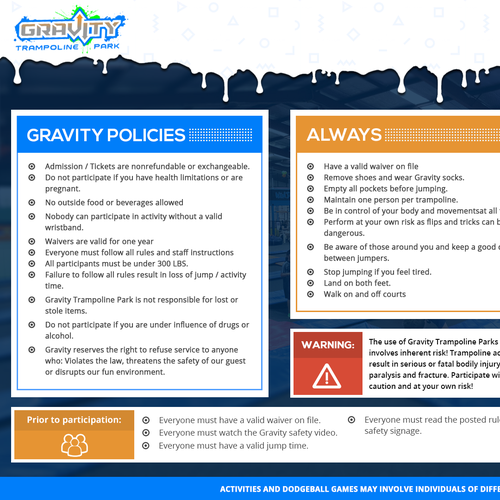 Gravity Trampoline Park Rules and Policies Signage contest