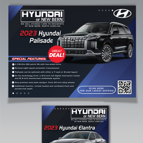 Flyer for Hyundai car dealership showing off the new Palisade and Elantra Design by CreativeCurveDesigns