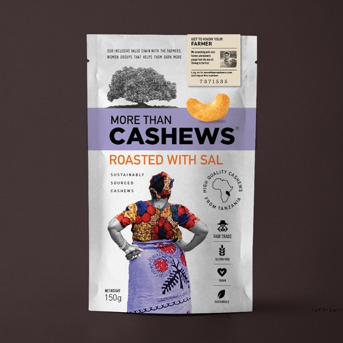 Create a beautiful stand up pouch for Sustainable, Single Origin Cashew Nuts Design by Pepper Pack Design