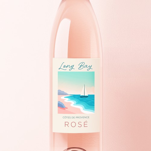 Label for an upscale rosé wine inspired by Long Bay beach and the pale pink sand and clear turquoise waters of Bermuda.