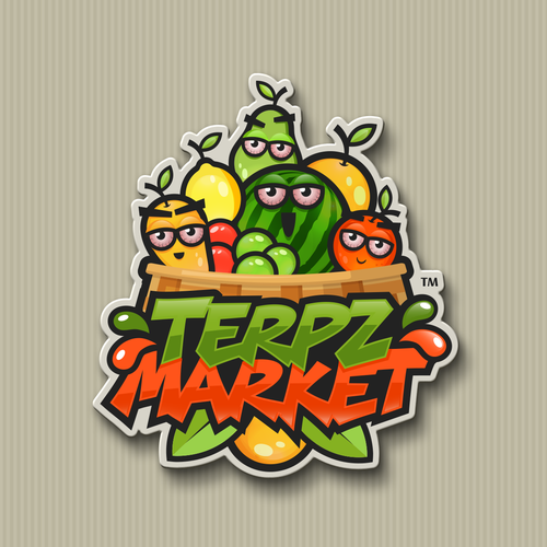 Design a fruit basket logo with faces on high terpene fruits for a cannabis company. Design by TheOneDesignStudio™