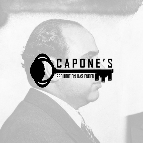 Design a prohibition style logo with a old key and al Capone face ( side view ) black and white Design by BRANDITU