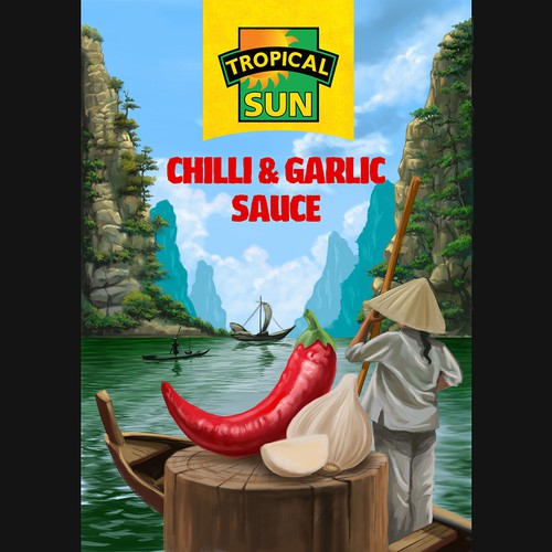 Tropical Sun Chilli & Garlic Sauce Label Digital Painting Design by Antonius Agung