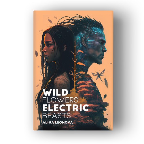 A cover for a sci-fi book with 2 species of humans (a tribal & a high-tech one), solarpunk aesthetics & wild nature Design by Particular