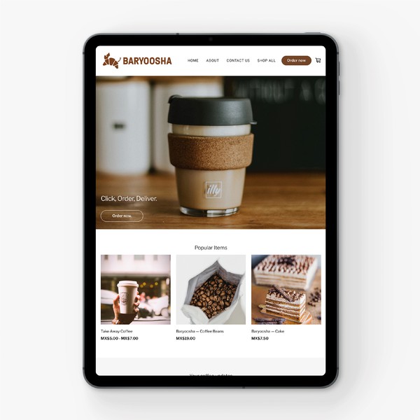 Design realizzato da Micheal Hanly intitolato "Baryoosha — Coffee Shop — Website"