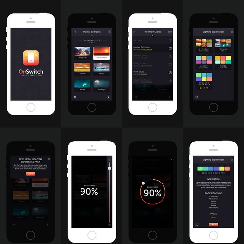 Create an cool, fluid, engaging lighting control app for OnSwitch Lighting Experiences. Design by IngeniousThoughts