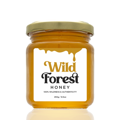 The Bees Need You! Wild Forest Honey Label Design. Design by Leila Amorim