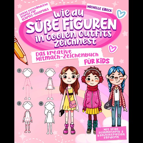 Design a creative cute cover for a children's drawing book with cute Characters Design by Asra.