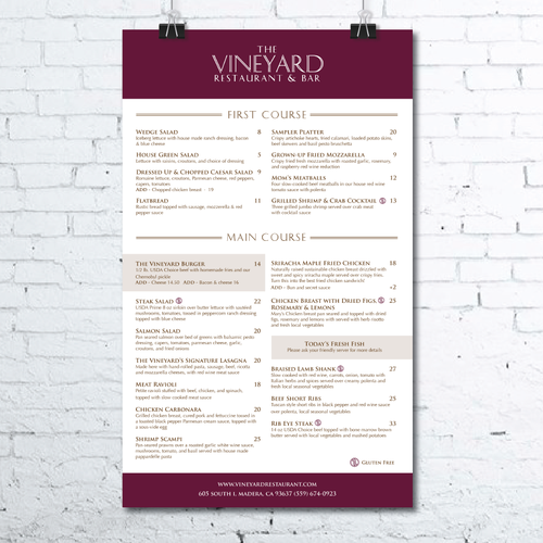 Menu for established restaurant and bar Design by Ings