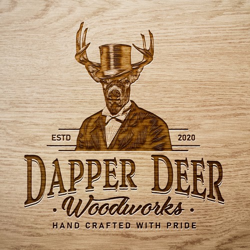 Vintage Dapper Deer logo for high-end woodworking. Design by sarvsar