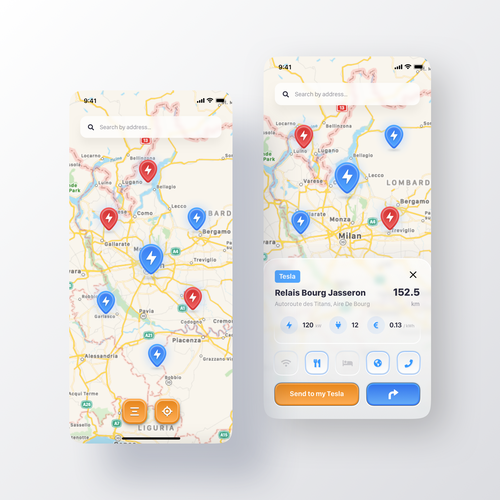 Tesla App to localise charging point on a map Design by Uladzis