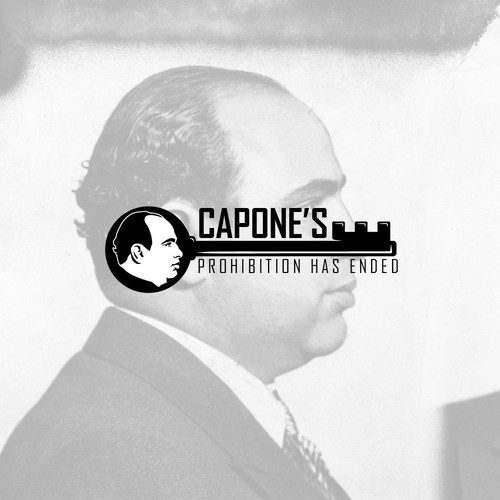 Design a prohibition style logo with a old key and al Capone face ( side view ) black and white Design by BRANDITU