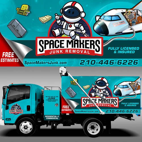 Fun and Catchy Junk Removal Service Truck Wrap - Space Theme Design by Lumina CreAtive