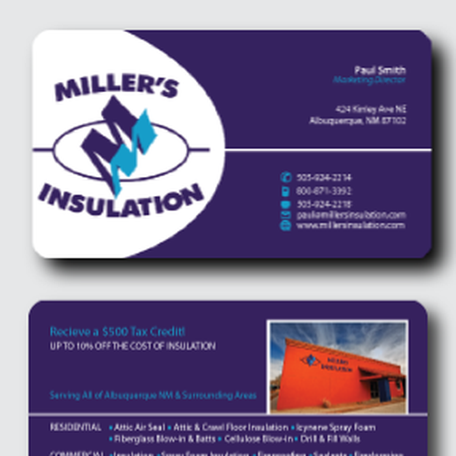 Business card design for Miller's Insulation Diseño de cheene