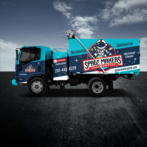 Fun and Catchy Junk Removal Service Truck Wrap - Space Theme Diseño de Duha™