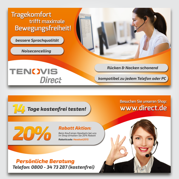 Erstellt einen Beilagenflyer, der den Komfort eines Headsets im Büro hervorhebt